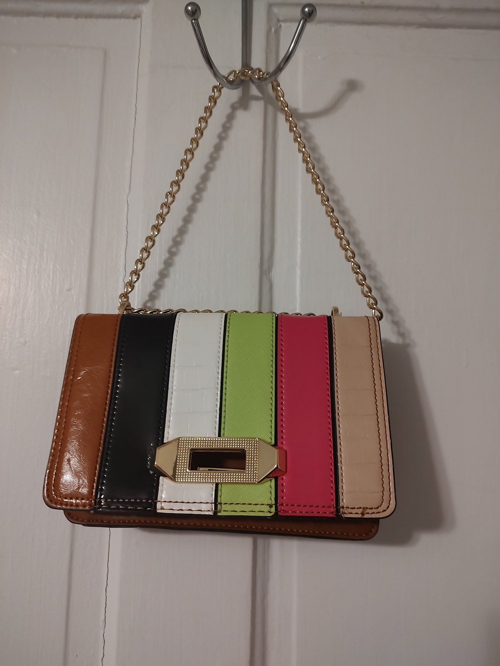 Multi-Stripe Chain Shoulder Bag in Brown, Black, White, Lime, Pink, Cream
